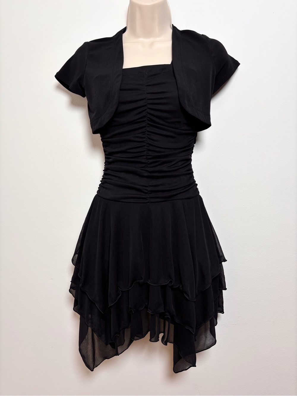 Vtg Y2K Iz Byer Layered Fitted Minidress Bolero Layer Sharkbite Ruffle Hem